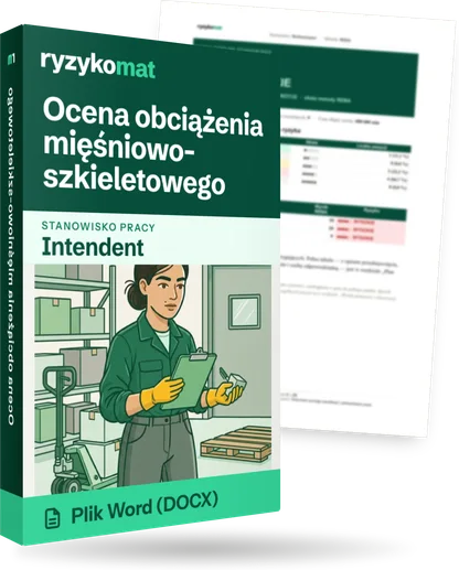 Pudełko dokumentu „Ocena obciążenia mięśniowo-szkieletowego” ze znakiem Ryzykomat i napisem „Plik Word (DOCX)” na froncie, ilustracja stanowiska „Intendent”; zza pudełka wystaje strona prawdziwego dokumentu z rozmytą treścią
