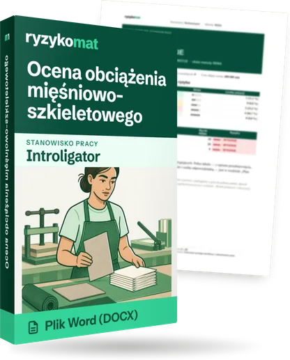 Pudełko dokumentu „Ocena obciążenia mięśniowo-szkieletowego” ze znakiem Ryzykomat i napisem „Plik Word (DOCX)” na froncie, ilustracja stanowiska „Introligator”; zza pudełka wystaje strona prawdziwego dokumentu z rozmytą treścią