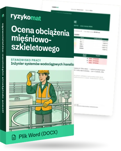 Pudełko dokumentu „Ocena obciążenia mięśniowo-szkieletowego” ze znakiem Ryzykomat i napisem „Plik Word (DOCX)” na froncie, ilustracja stanowiska „Inżynier systemów wodociągowych i kanalizacyjnych”; zza pudełka wystaje strona prawdziwego dokumentu z rozmytą treścią