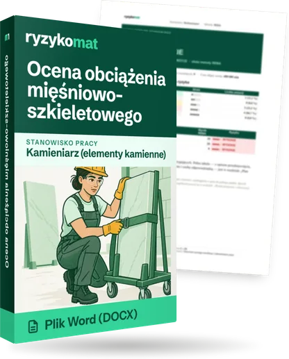 Pudełko dokumentu „Ocena obciążenia mięśniowo-szkieletowego” ze znakiem Ryzykomat i napisem „Plik Word (DOCX)” na froncie, ilustracja stanowiska „Kamieniarz (elementy kamienne)”; zza pudełka wystaje strona prawdziwego dokumentu z rozmytą treścią