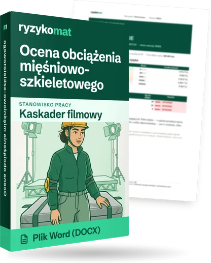Pudełko dokumentu „Ocena obciążenia mięśniowo-szkieletowego” ze znakiem Ryzykomat i napisem „Plik Word (DOCX)” na froncie, ilustracja stanowiska „Kaskader filmowy”; zza pudełka wystaje strona prawdziwego dokumentu z rozmytą treścią