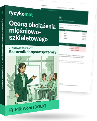 Pudełko dokumentu „Ocena obciążenia mięśniowo-szkieletowego” ze znakiem Ryzykomat i napisem „Plik Word (DOCX)” na froncie, ilustracja stanowiska „Kierownik do spraw sprzedaży”; zza pudełka wystaje strona prawdziwego dokumentu z rozmytą treścią