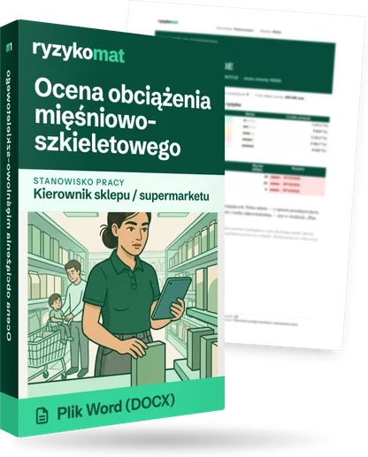 Pudełko dokumentu „Ocena obciążenia mięśniowo-szkieletowego” ze znakiem Ryzykomat i napisem „Plik Word (DOCX)” na froncie, ilustracja stanowiska „Kierownik sklepu / supermarketu”; zza pudełka wystaje strona prawdziwego dokumentu z rozmytą treścią