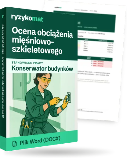 Pudełko dokumentu „Ocena obciążenia mięśniowo-szkieletowego” ze znakiem Ryzykomat i napisem „Plik Word (DOCX)” na froncie, ilustracja stanowiska „Konserwator budynków”; zza pudełka wystaje strona prawdziwego dokumentu z rozmytą treścią