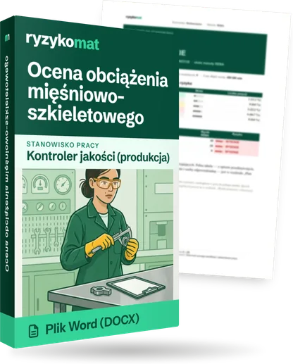 Pudełko dokumentu „Ocena obciążenia mięśniowo-szkieletowego” ze znakiem Ryzykomat i napisem „Plik Word (DOCX)” na froncie, ilustracja stanowiska „Kontroler jakości (produkcja)”; zza pudełka wystaje strona prawdziwego dokumentu z rozmytą treścią