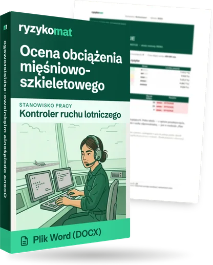 Pudełko dokumentu „Ocena obciążenia mięśniowo-szkieletowego” ze znakiem Ryzykomat i napisem „Plik Word (DOCX)” na froncie, ilustracja stanowiska „Kontroler ruchu lotniczego”; zza pudełka wystaje strona prawdziwego dokumentu z rozmytą treścią