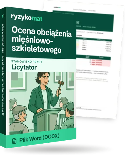 Pudełko dokumentu „Ocena obciążenia mięśniowo-szkieletowego” ze znakiem Ryzykomat i napisem „Plik Word (DOCX)” na froncie, ilustracja stanowiska „Licytator”; zza pudełka wystaje strona prawdziwego dokumentu z rozmytą treścią