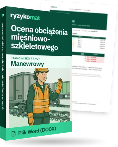 Pudełko dokumentu „Ocena obciążenia mięśniowo-szkieletowego” ze znakiem Ryzykomat i napisem „Plik Word (DOCX)” na froncie, ilustracja stanowiska „Manewrowy”; zza pudełka wystaje strona prawdziwego dokumentu z rozmytą treścią