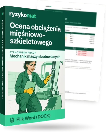 Pudełko dokumentu „Ocena obciążenia mięśniowo-szkieletowego” ze znakiem Ryzykomat i napisem „Plik Word (DOCX)” na froncie, ilustracja stanowiska „Mechanik maszyn budowlanych”; zza pudełka wystaje strona prawdziwego dokumentu z rozmytą treścią