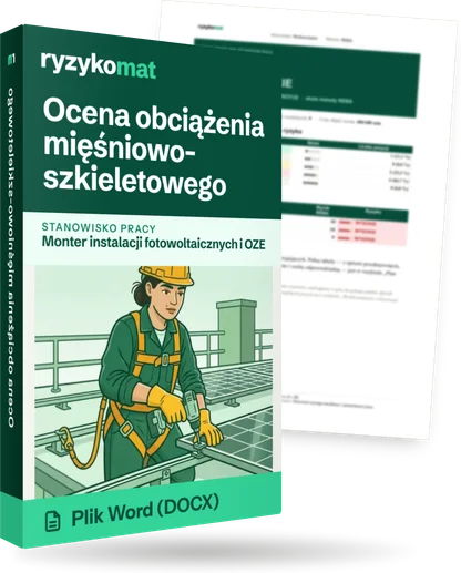 Pudełko dokumentu „Ocena obciążenia mięśniowo-szkieletowego” ze znakiem Ryzykomat i napisem „Plik Word (DOCX)” na froncie, ilustracja stanowiska „Monter instalacji fotowoltaicznych i OZE”; zza pudełka wystaje strona prawdziwego dokumentu z rozmytą treścią