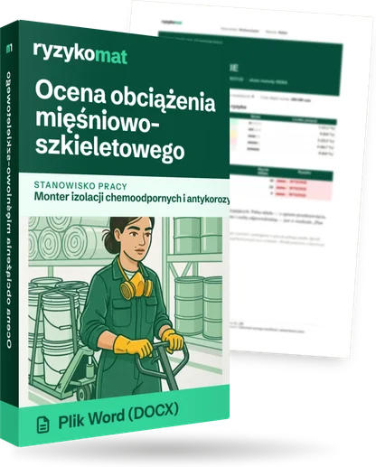 Pudełko dokumentu „Ocena obciążenia mięśniowo-szkieletowego” ze znakiem Ryzykomat i napisem „Plik Word (DOCX)” na froncie, ilustracja stanowiska „Monter izolacji chemoodpornych i antykorozyjnych”; zza pudełka wystaje strona prawdziwego dokumentu z rozmytą treścią