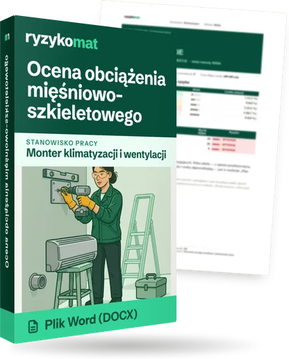 Pudełko dokumentu „Ocena obciążenia mięśniowo-szkieletowego” ze znakiem Ryzykomat i napisem „Plik Word (DOCX)” na froncie, ilustracja stanowiska „Monter klimatyzacji i wentylacji”; zza pudełka wystaje strona prawdziwego dokumentu z rozmytą treścią