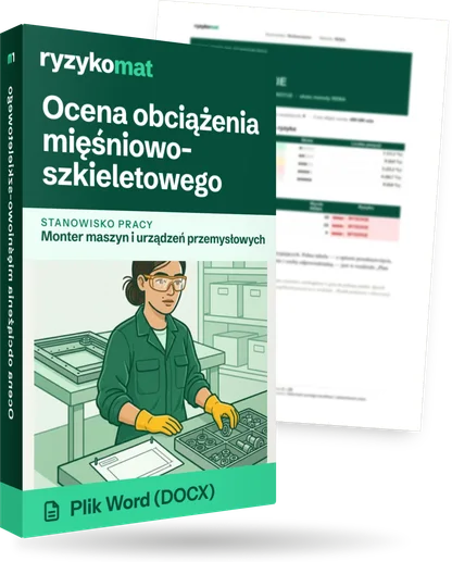 Pudełko dokumentu „Ocena obciążenia mięśniowo-szkieletowego” ze znakiem Ryzykomat i napisem „Plik Word (DOCX)” na froncie, ilustracja stanowiska „Monter maszyn i urządzeń przemysłowych”; zza pudełka wystaje strona prawdziwego dokumentu z rozmytą treścią
