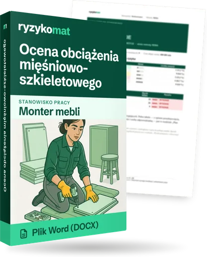 Pudełko dokumentu „Ocena obciążenia mięśniowo-szkieletowego” ze znakiem Ryzykomat i napisem „Plik Word (DOCX)” na froncie, ilustracja stanowiska „Monter mebli”; zza pudełka wystaje strona prawdziwego dokumentu z rozmytą treścią