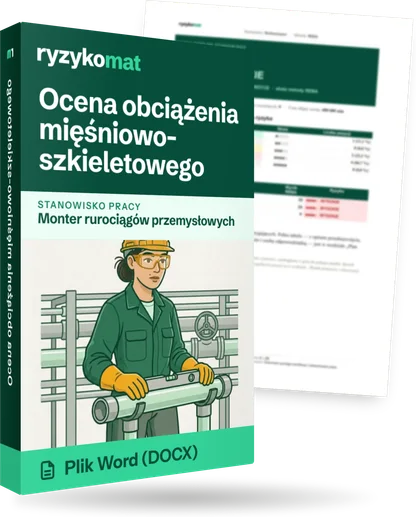 Pudełko dokumentu „Ocena obciążenia mięśniowo-szkieletowego” ze znakiem Ryzykomat i napisem „Plik Word (DOCX)” na froncie, ilustracja stanowiska „Monter rurociągów przemysłowych”; zza pudełka wystaje strona prawdziwego dokumentu z rozmytą treścią