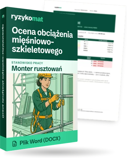 Pudełko dokumentu „Ocena obciążenia mięśniowo-szkieletowego” ze znakiem Ryzykomat i napisem „Plik Word (DOCX)” na froncie, ilustracja stanowiska „Monter rusztowań”; zza pudełka wystaje strona prawdziwego dokumentu z rozmytą treścią