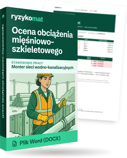 Pudełko dokumentu „Ocena obciążenia mięśniowo-szkieletowego” ze znakiem Ryzykomat i napisem „Plik Word (DOCX)” na froncie, ilustracja stanowiska „Monter sieci wodno-kanalizacyjnych”; zza pudełka wystaje strona prawdziwego dokumentu z rozmytą treścią