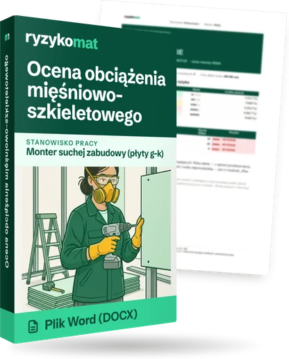 Pudełko dokumentu „Ocena obciążenia mięśniowo-szkieletowego” ze znakiem Ryzykomat i napisem „Plik Word (DOCX)” na froncie, ilustracja stanowiska „Monter suchej zabudowy (płyty g-k)”; zza pudełka wystaje strona prawdziwego dokumentu z rozmytą treścią