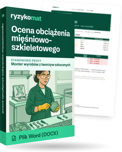 Pudełko dokumentu „Ocena obciążenia mięśniowo-szkieletowego” ze znakiem Ryzykomat i napisem „Plik Word (DOCX)” na froncie, ilustracja stanowiska „Monter wyrobów z tworzyw sztucznych”; zza pudełka wystaje strona prawdziwego dokumentu z rozmytą treścią