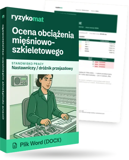 Pudełko dokumentu „Ocena obciążenia mięśniowo-szkieletowego” ze znakiem Ryzykomat i napisem „Plik Word (DOCX)” na froncie, ilustracja stanowiska „Nastawniczy / dróżnik przejazdowy”; zza pudełka wystaje strona prawdziwego dokumentu z rozmytą treścią