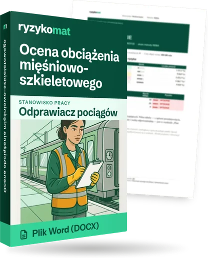 Pudełko dokumentu „Ocena obciążenia mięśniowo-szkieletowego” ze znakiem Ryzykomat i napisem „Plik Word (DOCX)” na froncie, ilustracja stanowiska „Odprawiacz pociągów”; zza pudełka wystaje strona prawdziwego dokumentu z rozmytą treścią