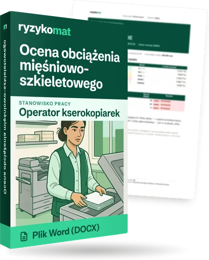 Pudełko dokumentu „Ocena obciążenia mięśniowo-szkieletowego” ze znakiem Ryzykomat i napisem „Plik Word (DOCX)” na froncie, ilustracja stanowiska „Operator kserokopiarek”; zza pudełka wystaje strona prawdziwego dokumentu z rozmytą treścią
