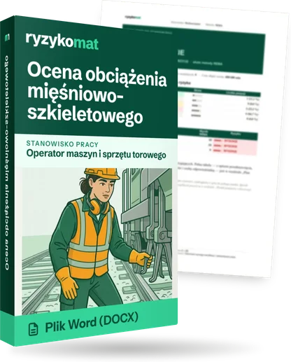 Pudełko dokumentu „Ocena obciążenia mięśniowo-szkieletowego” ze znakiem Ryzykomat i napisem „Plik Word (DOCX)” na froncie, ilustracja stanowiska „Operator maszyn i sprzętu torowego”; zza pudełka wystaje strona prawdziwego dokumentu z rozmytą treścią