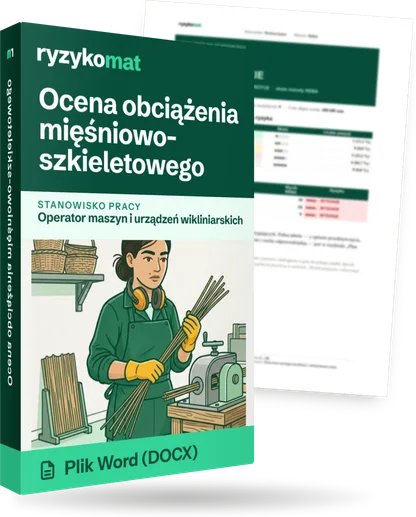 Pudełko dokumentu „Ocena obciążenia mięśniowo-szkieletowego” ze znakiem Ryzykomat i napisem „Plik Word (DOCX)” na froncie, ilustracja stanowiska „Operator maszyn i urządzeń wikliniarskich”; zza pudełka wystaje strona prawdziwego dokumentu z rozmytą treścią