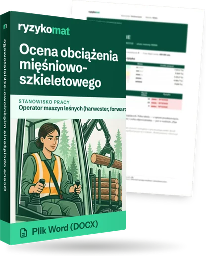 Pudełko dokumentu „Ocena obciążenia mięśniowo-szkieletowego” ze znakiem Ryzykomat i napisem „Plik Word (DOCX)” na froncie, ilustracja stanowiska „Operator maszyn leśnych (harwester, forwarder)”; zza pudełka wystaje strona prawdziwego dokumentu z rozmytą treścią