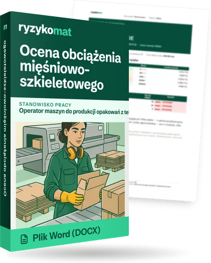 Pudełko dokumentu „Ocena obciążenia mięśniowo-szkieletowego” ze znakiem Ryzykomat i napisem „Plik Word (DOCX)” na froncie, ilustracja stanowiska „Operator maszyn do produkcji opakowań z tektury”; zza pudełka wystaje strona prawdziwego dokumentu z rozmytą treścią