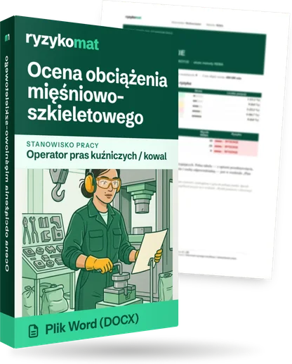 Pudełko dokumentu „Ocena obciążenia mięśniowo-szkieletowego” ze znakiem Ryzykomat i napisem „Plik Word (DOCX)” na froncie, ilustracja stanowiska „Operator pras kuźniczych / kowal”; zza pudełka wystaje strona prawdziwego dokumentu z rozmytą treścią