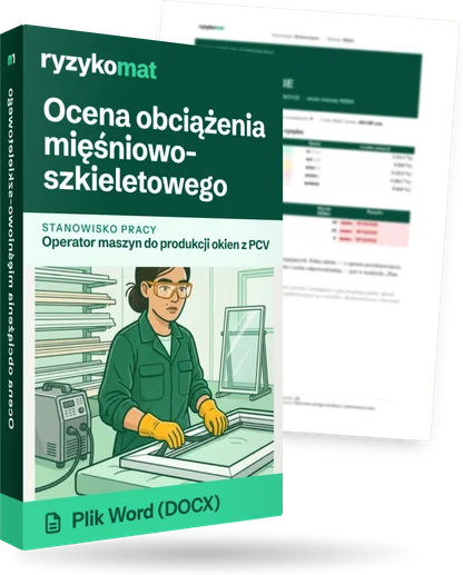 Pudełko dokumentu „Ocena obciążenia mięśniowo-szkieletowego” ze znakiem Ryzykomat i napisem „Plik Word (DOCX)” na froncie, ilustracja stanowiska „Operator maszyn do produkcji okien z PCV”; zza pudełka wystaje strona prawdziwego dokumentu z rozmytą treścią