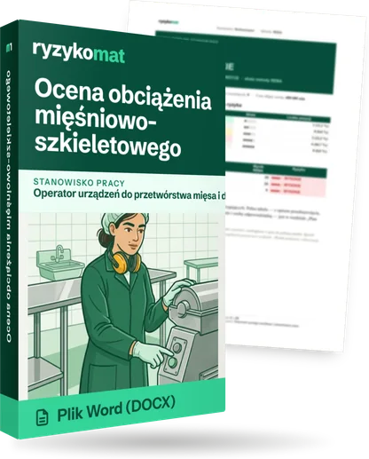 Pudełko dokumentu „Ocena obciążenia mięśniowo-szkieletowego” ze znakiem Ryzykomat i napisem „Plik Word (DOCX)” na froncie, ilustracja stanowiska „Operator urządzeń do przetwórstwa mięsa i drobiu”; zza pudełka wystaje strona prawdziwego dokumentu z rozmytą treścią