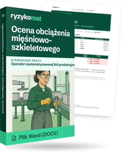 Pudełko dokumentu „Ocena obciążenia mięśniowo-szkieletowego” ze znakiem Ryzykomat i napisem „Plik Word (DOCX)” na froncie, ilustracja stanowiska „Operator zautomatyzowanej linii produkcyjnej”; zza pudełka wystaje strona prawdziwego dokumentu z rozmytą treścią
