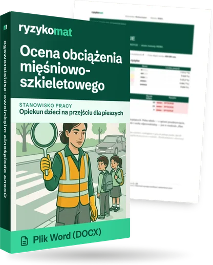 Pudełko dokumentu „Ocena obciążenia mięśniowo-szkieletowego” ze znakiem Ryzykomat i napisem „Plik Word (DOCX)” na froncie, ilustracja stanowiska „Opiekun dzieci na przejściu dla pieszych”; zza pudełka wystaje strona prawdziwego dokumentu z rozmytą treścią