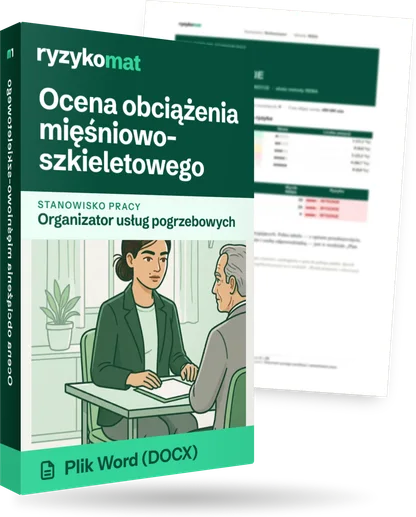 Pudełko dokumentu „Ocena obciążenia mięśniowo-szkieletowego” ze znakiem Ryzykomat i napisem „Plik Word (DOCX)” na froncie, ilustracja stanowiska „Organizator usług pogrzebowych”; zza pudełka wystaje strona prawdziwego dokumentu z rozmytą treścią