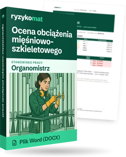 Pudełko dokumentu „Ocena obciążenia mięśniowo-szkieletowego” ze znakiem Ryzykomat i napisem „Plik Word (DOCX)” na froncie, ilustracja stanowiska „Organomistrz”; zza pudełka wystaje strona prawdziwego dokumentu z rozmytą treścią