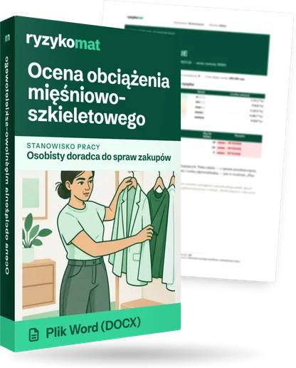 Pudełko dokumentu „Ocena obciążenia mięśniowo-szkieletowego” ze znakiem Ryzykomat i napisem „Plik Word (DOCX)” na froncie, ilustracja stanowiska „Osobisty doradca do spraw zakupów”; zza pudełka wystaje strona prawdziwego dokumentu z rozmytą treścią