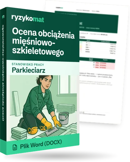 Pudełko dokumentu „Ocena obciążenia mięśniowo-szkieletowego” ze znakiem Ryzykomat i napisem „Plik Word (DOCX)” na froncie, ilustracja stanowiska „Parkieciarz”; zza pudełka wystaje strona prawdziwego dokumentu z rozmytą treścią