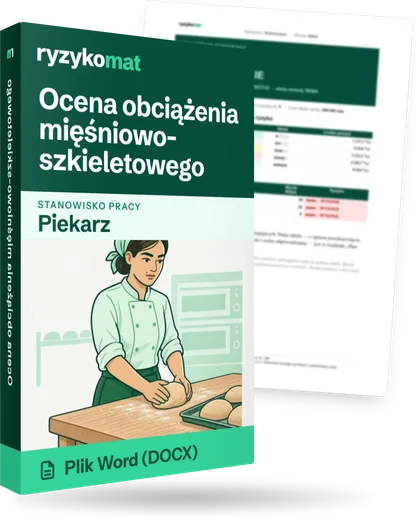 Pudełko dokumentu „Ocena obciążenia mięśniowo-szkieletowego” ze znakiem Ryzykomat i napisem „Plik Word (DOCX)” na froncie, ilustracja stanowiska „Piekarz”; zza pudełka wystaje strona prawdziwego dokumentu z rozmytą treścią