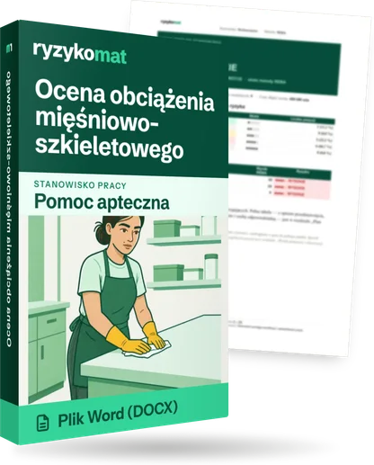 Pudełko dokumentu „Ocena obciążenia mięśniowo-szkieletowego” ze znakiem Ryzykomat i napisem „Plik Word (DOCX)” na froncie, ilustracja stanowiska „Pomoc apteczna”; zza pudełka wystaje strona prawdziwego dokumentu z rozmytą treścią