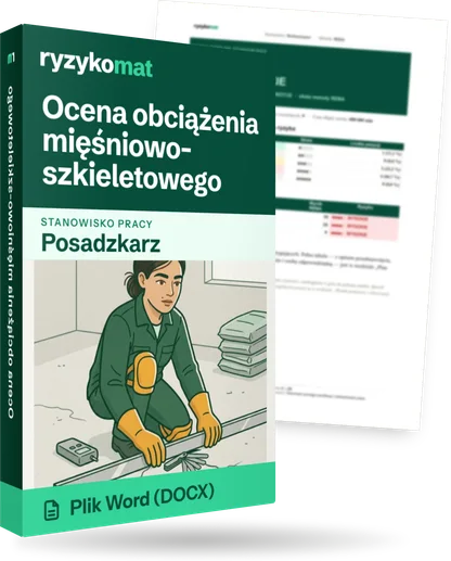 Pudełko dokumentu „Ocena obciążenia mięśniowo-szkieletowego” ze znakiem Ryzykomat i napisem „Plik Word (DOCX)” na froncie, ilustracja stanowiska „Posadzkarz”; zza pudełka wystaje strona prawdziwego dokumentu z rozmytą treścią