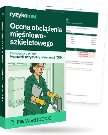 Pudełko dokumentu „Ocena obciążenia mięśniowo-szkieletowego” ze znakiem Ryzykomat i napisem „Plik Word (DOCX)” na froncie, ilustracja stanowiska „Pracownik dezynsekcji i deratyzacji (DDD)”; zza pudełka wystaje strona prawdziwego dokumentu z rozmytą treścią