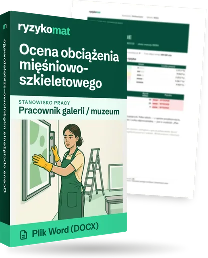 Pudełko dokumentu „Ocena obciążenia mięśniowo-szkieletowego” ze znakiem Ryzykomat i napisem „Plik Word (DOCX)” na froncie, ilustracja stanowiska „Pracownik galerii / muzeum”; zza pudełka wystaje strona prawdziwego dokumentu z rozmytą treścią