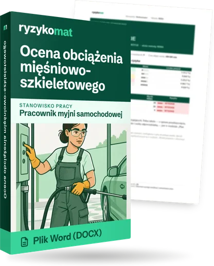 Pudełko dokumentu „Ocena obciążenia mięśniowo-szkieletowego” ze znakiem Ryzykomat i napisem „Plik Word (DOCX)” na froncie, ilustracja stanowiska „Pracownik myjni samochodowej”; zza pudełka wystaje strona prawdziwego dokumentu z rozmytą treścią