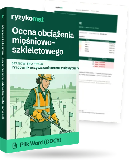 Pudełko dokumentu „Ocena obciążenia mięśniowo-szkieletowego” ze znakiem Ryzykomat i napisem „Plik Word (DOCX)” na froncie, ilustracja stanowiska „Pracownik oczyszczania terenu z niewybuchów”; zza pudełka wystaje strona prawdziwego dokumentu z rozmytą treścią
