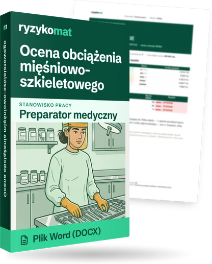 Pudełko dokumentu „Ocena obciążenia mięśniowo-szkieletowego” ze znakiem Ryzykomat i napisem „Plik Word (DOCX)” na froncie, ilustracja stanowiska „Preparator medyczny”; zza pudełka wystaje strona prawdziwego dokumentu z rozmytą treścią