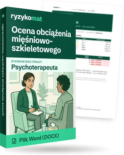Pudełko dokumentu „Ocena obciążenia mięśniowo-szkieletowego” ze znakiem Ryzykomat i napisem „Plik Word (DOCX)” na froncie, ilustracja stanowiska „Psychoterapeuta”; zza pudełka wystaje strona prawdziwego dokumentu z rozmytą treścią
