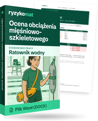Pudełko dokumentu „Ocena obciążenia mięśniowo-szkieletowego” ze znakiem Ryzykomat i napisem „Plik Word (DOCX)” na froncie, ilustracja stanowiska „Ratownik wodny”; zza pudełka wystaje strona prawdziwego dokumentu z rozmytą treścią