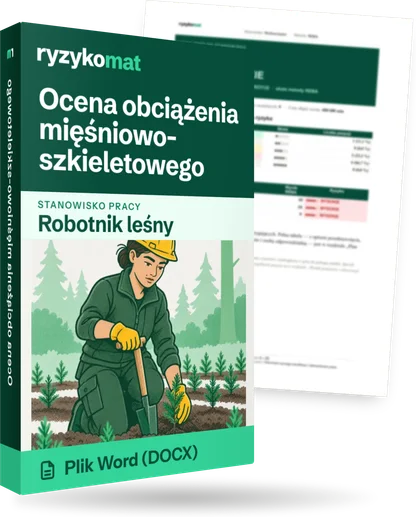 Pudełko dokumentu „Ocena obciążenia mięśniowo-szkieletowego” ze znakiem Ryzykomat i napisem „Plik Word (DOCX)” na froncie, ilustracja stanowiska „Robotnik leśny”; zza pudełka wystaje strona prawdziwego dokumentu z rozmytą treścią